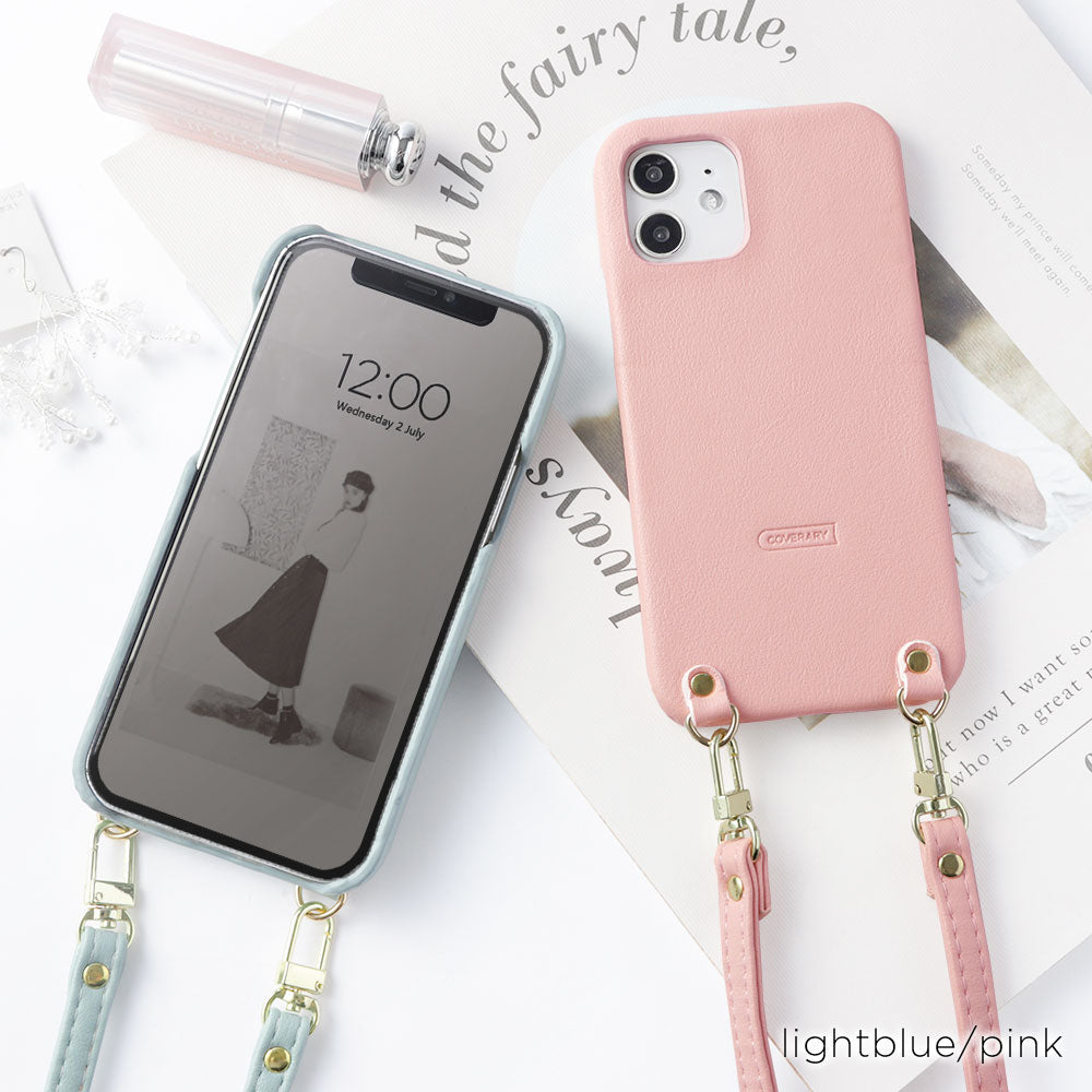 ヴィーガンレザー スムース生地 くすみカラー ショルダーストラップ付き 背面ケース Galaxyシリーズ