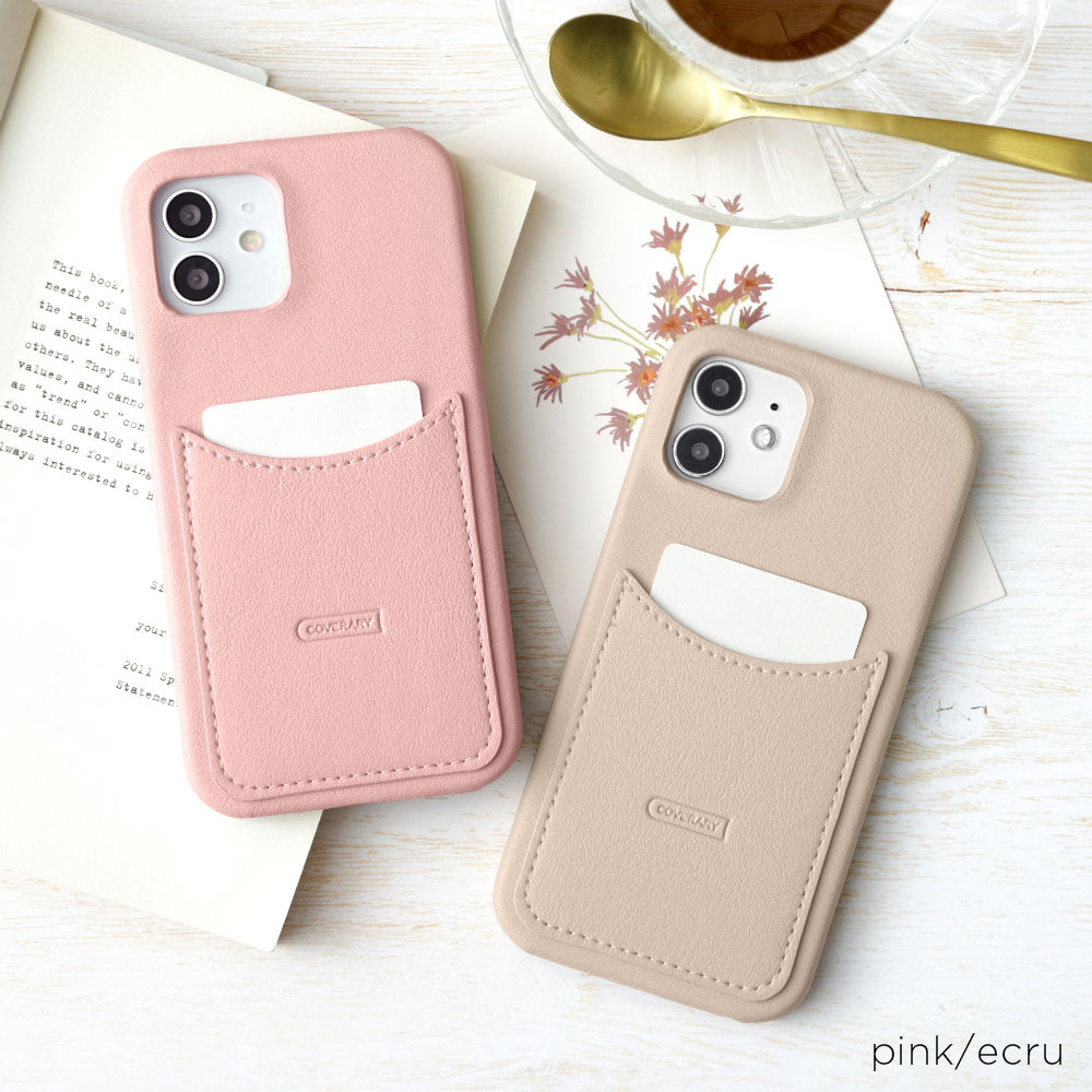 Cuir végan tissu lisse couleur terne poche souriante coque arrière série iPhone