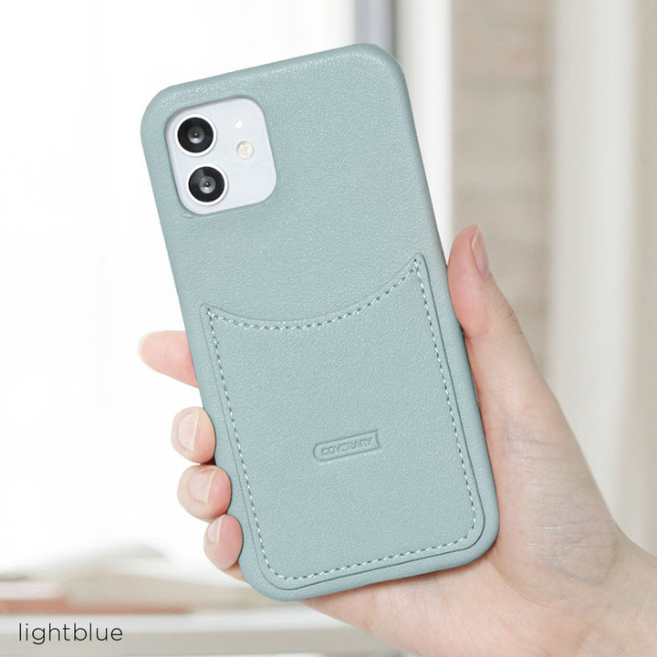 Cuir végan tissu lisse couleur terne poche souriante coque arrière série iPhone