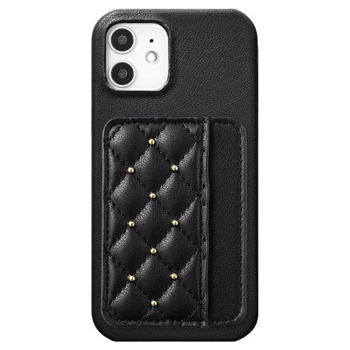 Vegan leather matte smooth studs decoration with vertical and horizontal selectable card pockets back case for iPhone series