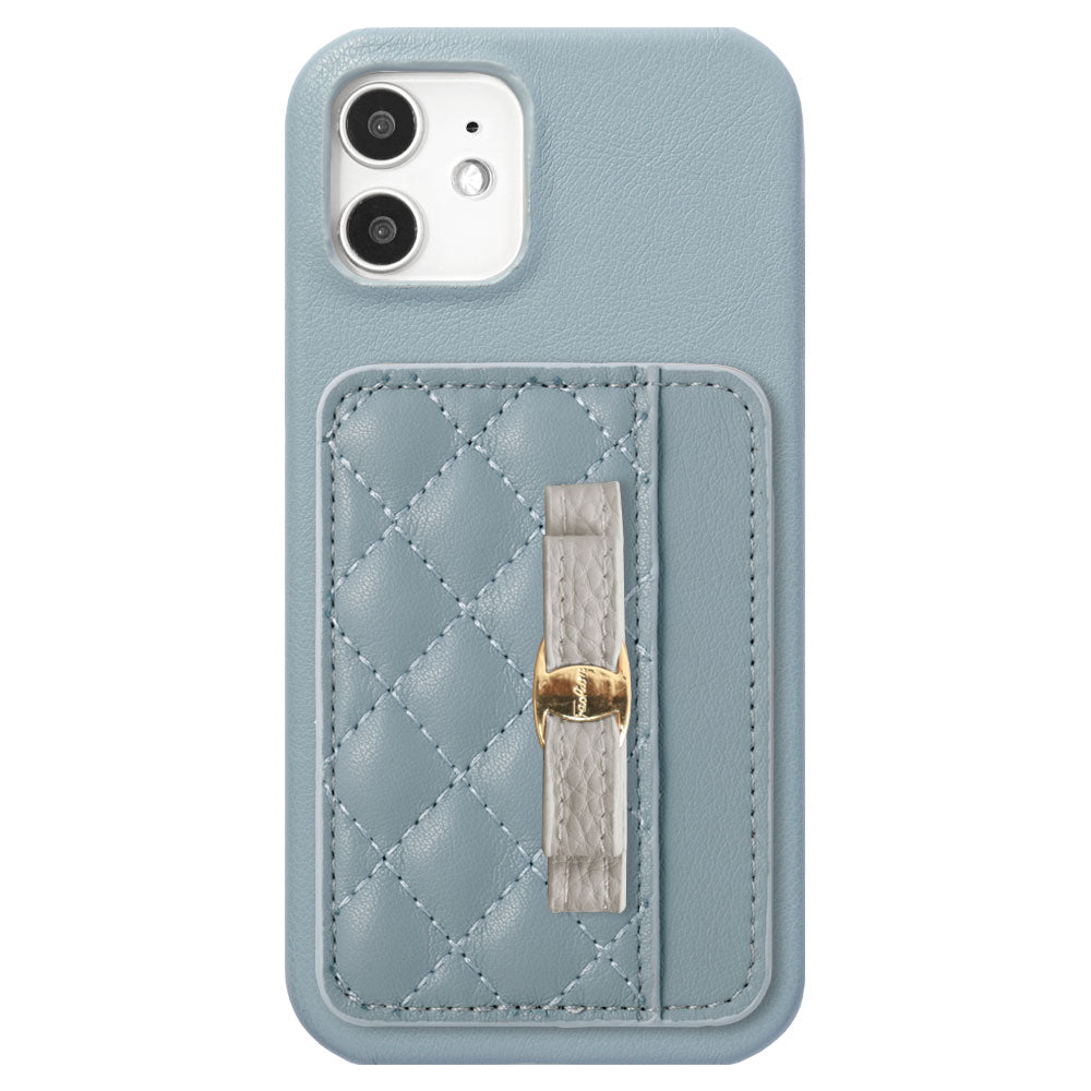 Vegan leather matte smooth ribbon decoration with selectable vertical/horizontal card pocket back case for iPhone series