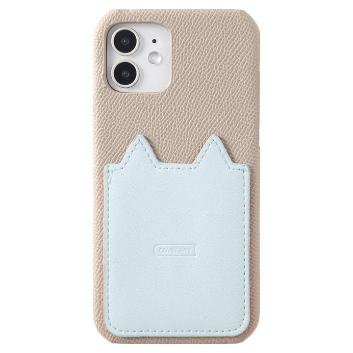 Vegan leather, two-tone with different materials, cat-shaped pocket, back case for iPhone series