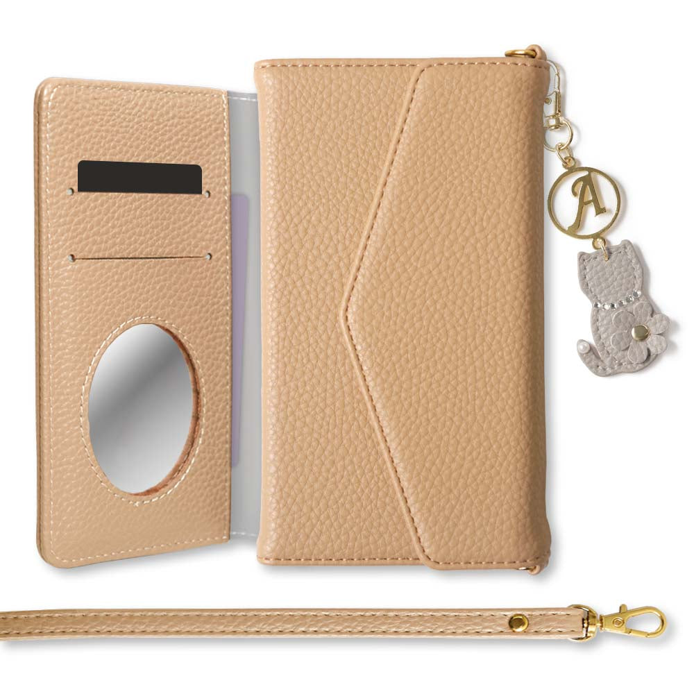 Vegan leather tri-fold dusty color strap & cat flower initial charm attached notebook-style case for iPhone series