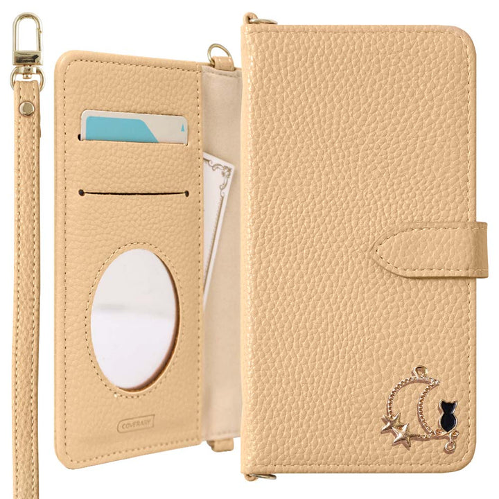 Vegan leather dusty color moon cat deco strap attached notebook-style case (with belt) AQUOS series