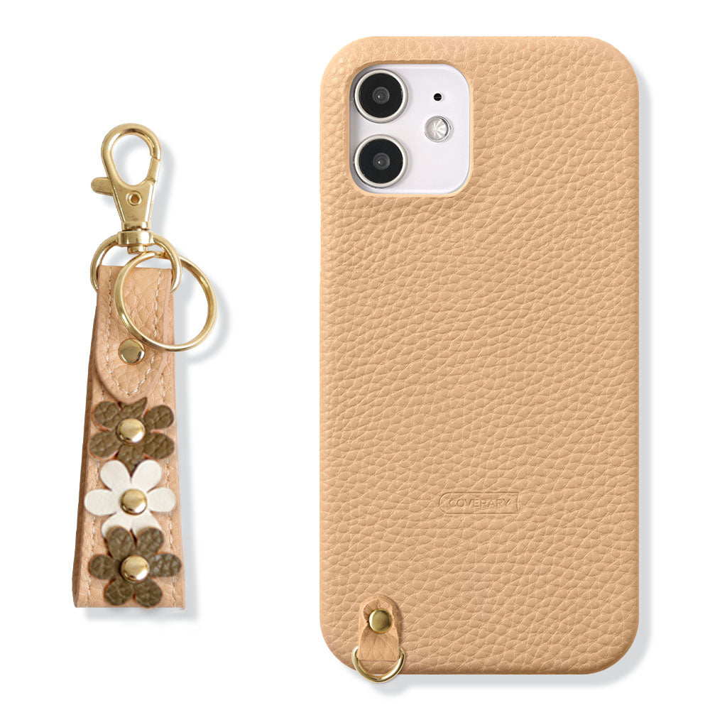 Vegan leather textured flower deco finger strap attached back case AQUOS series