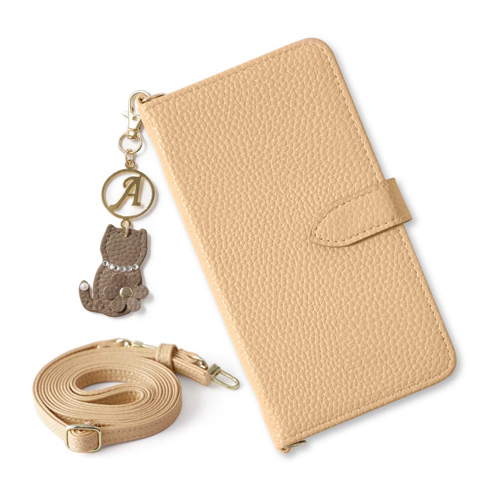 Vegan leather dusty color strap & cat flower initial charm attached notebook-style case (with belt) for iPhone series