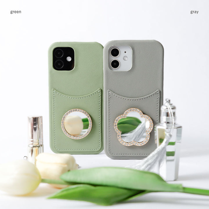 Vegan leather muted pastel smiley pocket with mirror stone back case