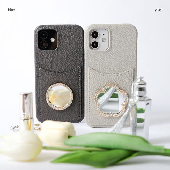 Étui arrière en cuir végan texturé avec poche souriante, miroir, et pierre pour la série Xperia