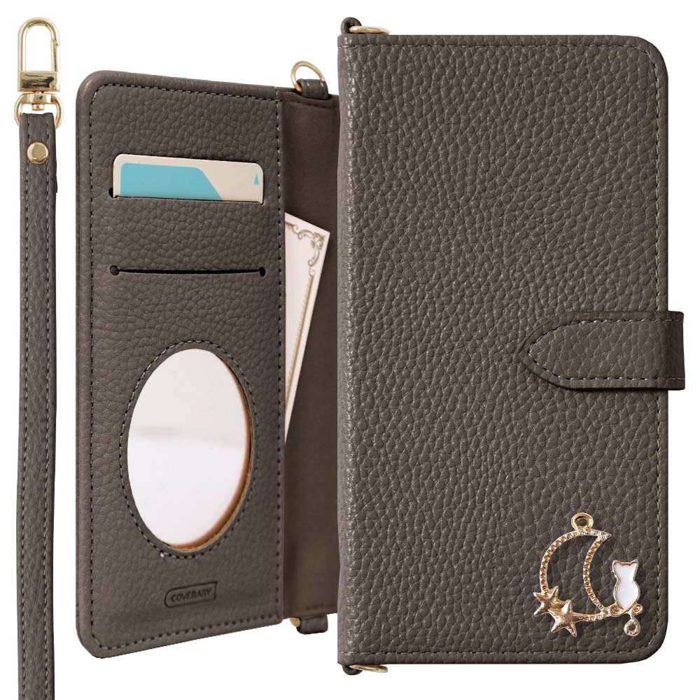 Vegan leather dusty color moon cat deco strap attached notebook-style case (with belt) for iPhone series