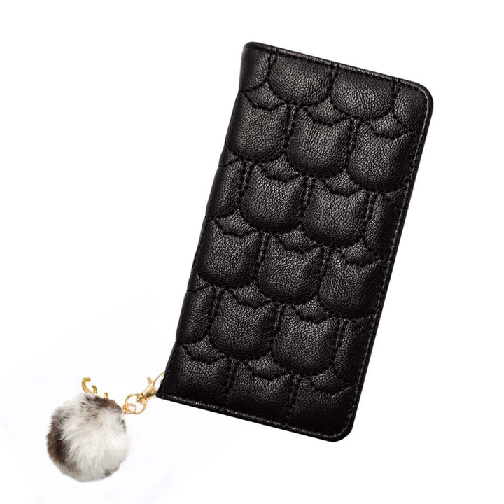 Vegan leather cat quilting initial fur charm attached notebook-style case for iPhone series