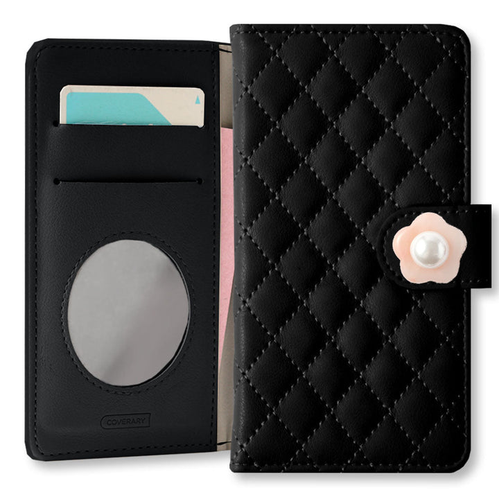 Étui portefeuille matelassé avec miroir et décoration perle fleurie (avec ceinture) pour la série Google Pixel