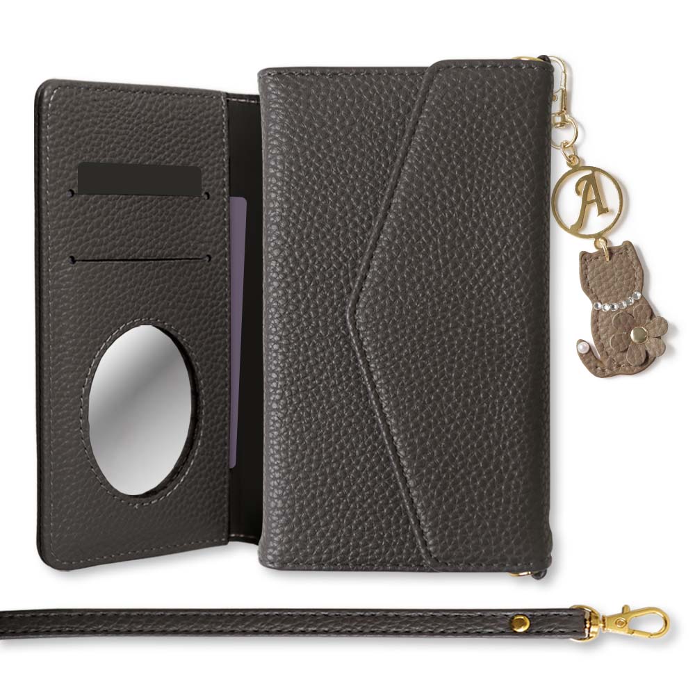 Vegan leather tri-fold dusty color strap & cat flower initial charm attached notebook-style case for Google Pixel series