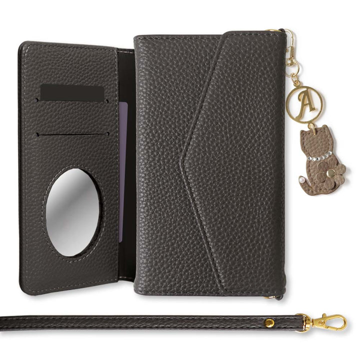 Vegan leather tri-fold dusty color strap & cat flower initial charm attached notebook-style case AQUOS series