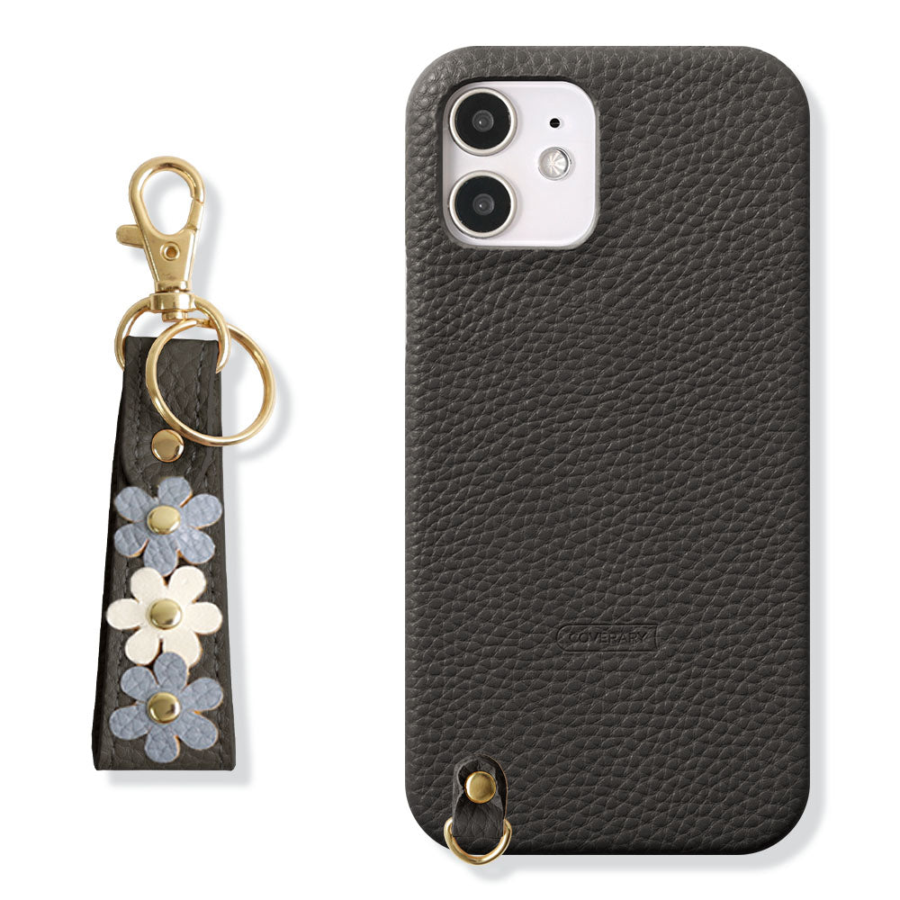 Vegan leather textured flower deco finger strap attached back case AQUOS series