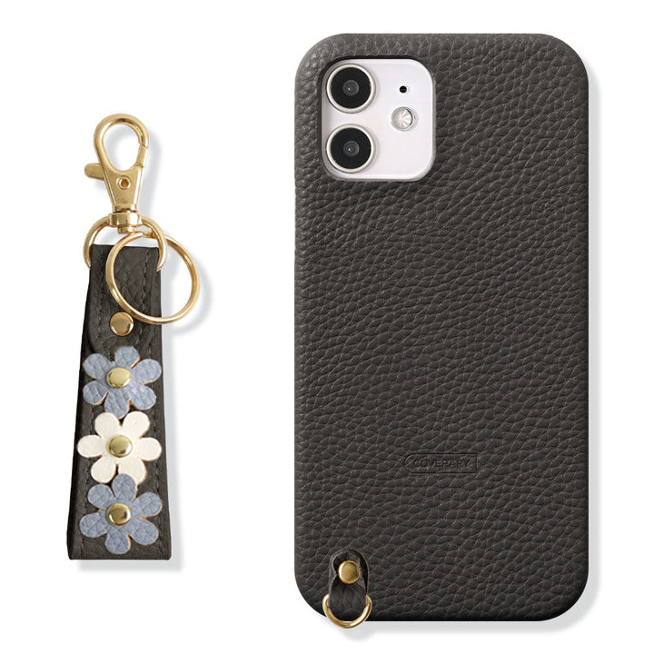 Vegan leather textured flower deco finger strap attached back case AQUOS series