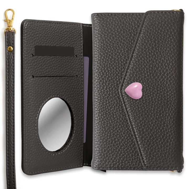Vegan leather tri-fold dusty color strap & heart deco wallet case AQUOS series
