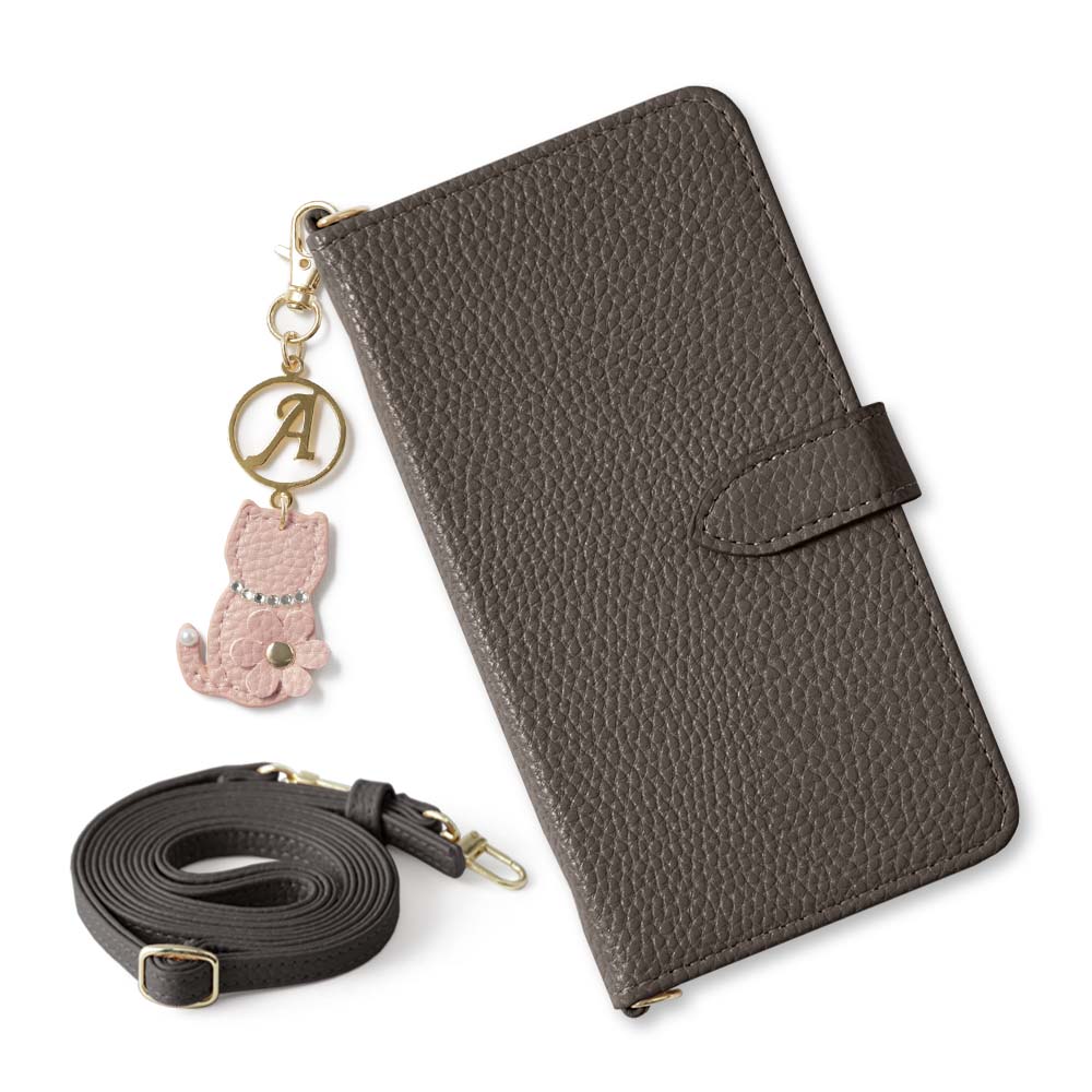 Vegan leather dusty color strap & cat flower initial charm attached notebook-style case (with belt) for Google Pixel series