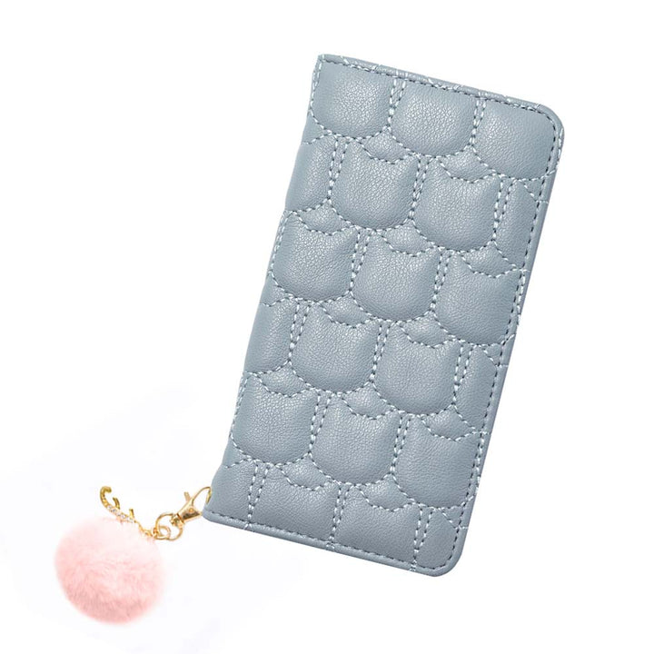 Vegan leather cat quilting initial fur charm attached notebook-style case for iPhone series