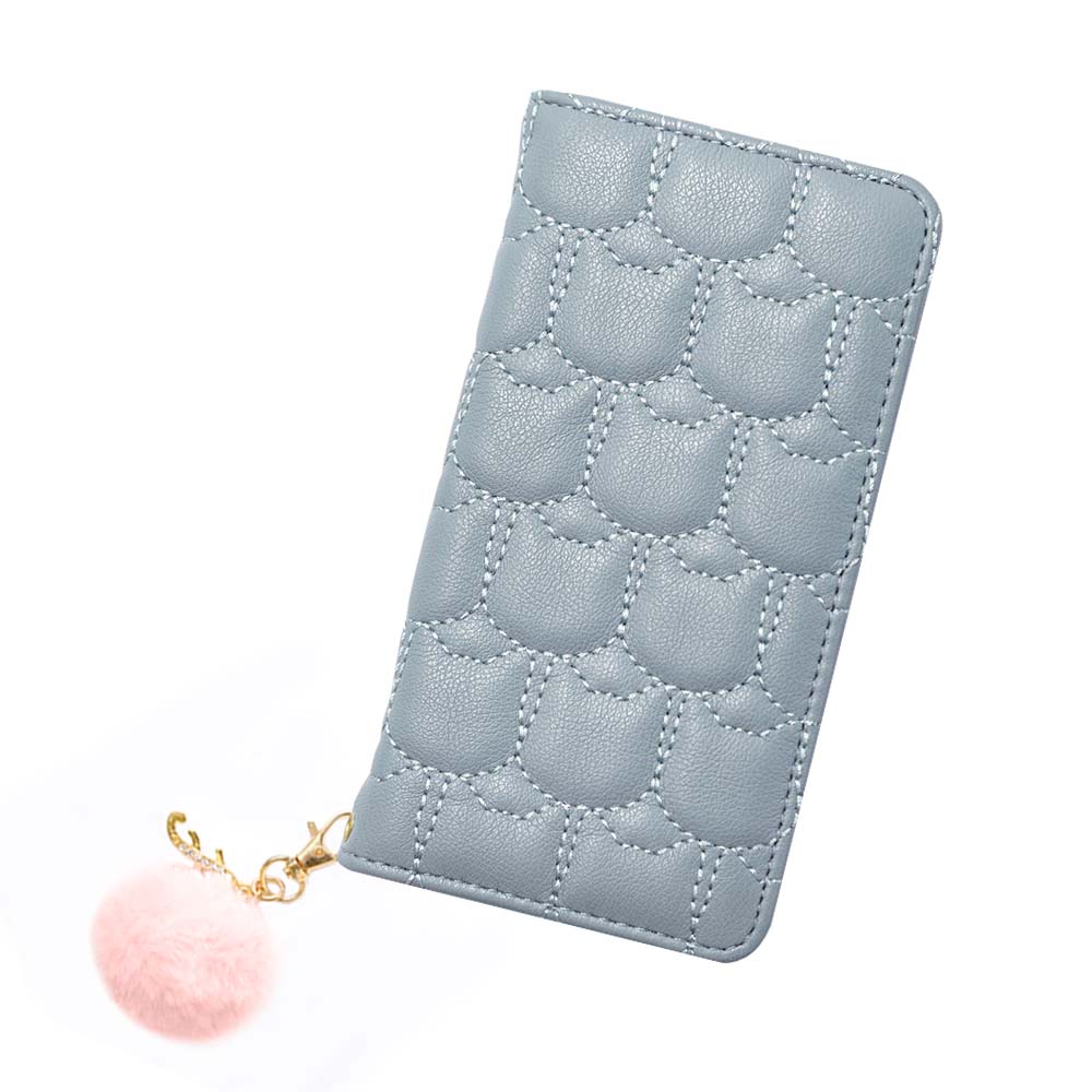 Vegan leather cat quilting initial fur charm attached notebook-style case AQUOS series