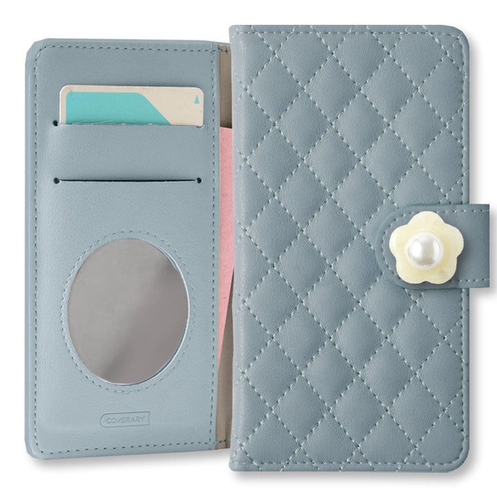 Étui portefeuille matelassé avec miroir et décoration perle fleurie (avec ceinture) pour la série Google Pixel