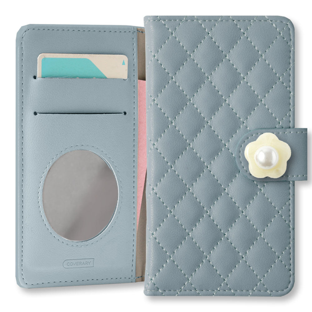 Quilted Flower Pearl Decor Wallet Case with Mirror (with Belt) for iPhone Series
