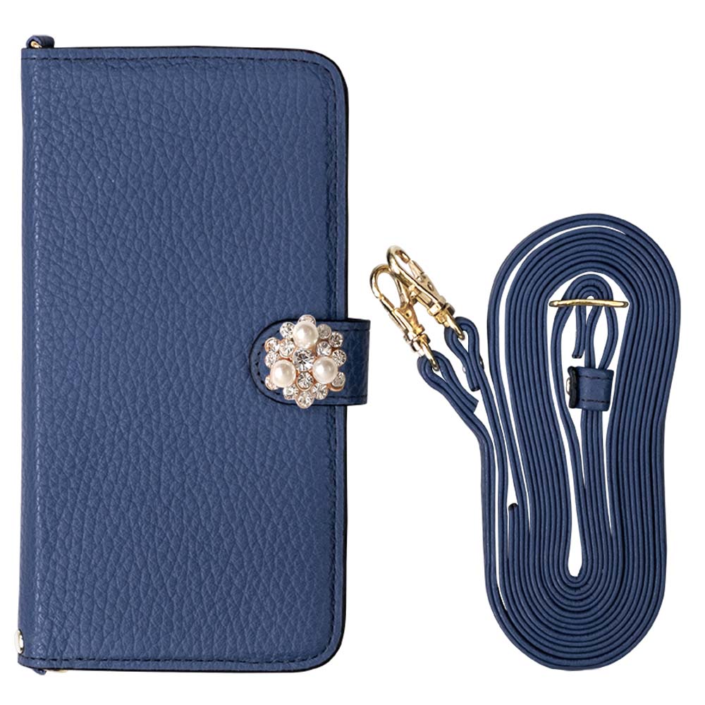 Genuine leather 32 colors Italian shrink leather with shoulder strap Crystal pearl decoration notebook-style case (with belt) AQUOS series