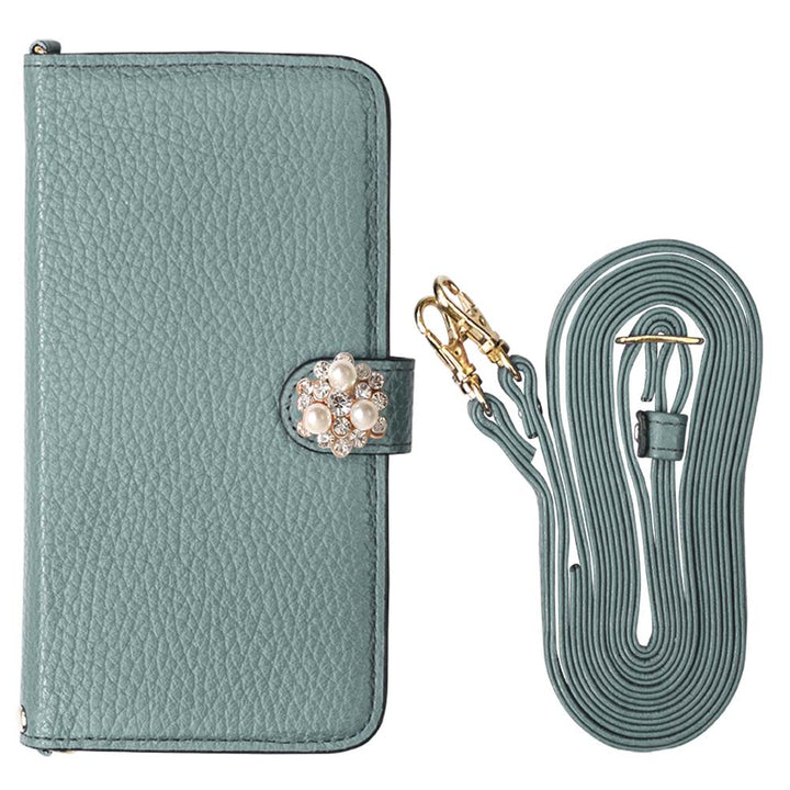 Genuine leather 32 colors Italian shrink leather with shoulder strap Crystal pearl decoration notebook-style case (with belt) AQUOS series