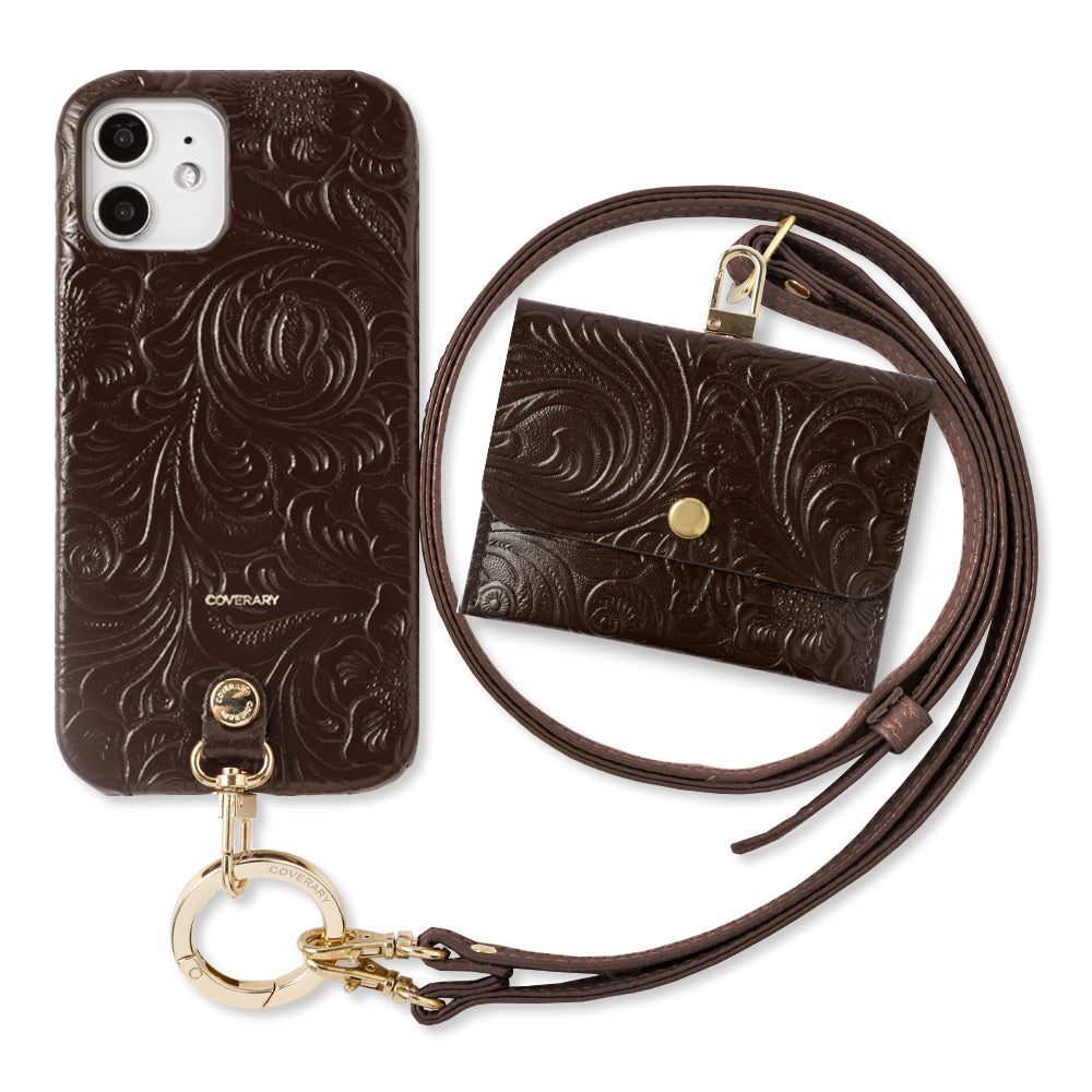 Embossed leather genuine leather 3-piece set A accessory case & ring shoulder strap included back case