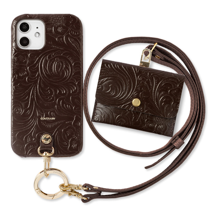 Embossed leather genuine leather 3-piece set A accessory case & ring shoulder strap included back case