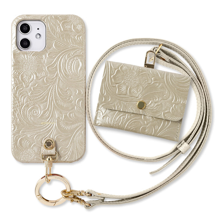 Embossed leather genuine leather 3-piece set A accessory case & ring shoulder strap included back case