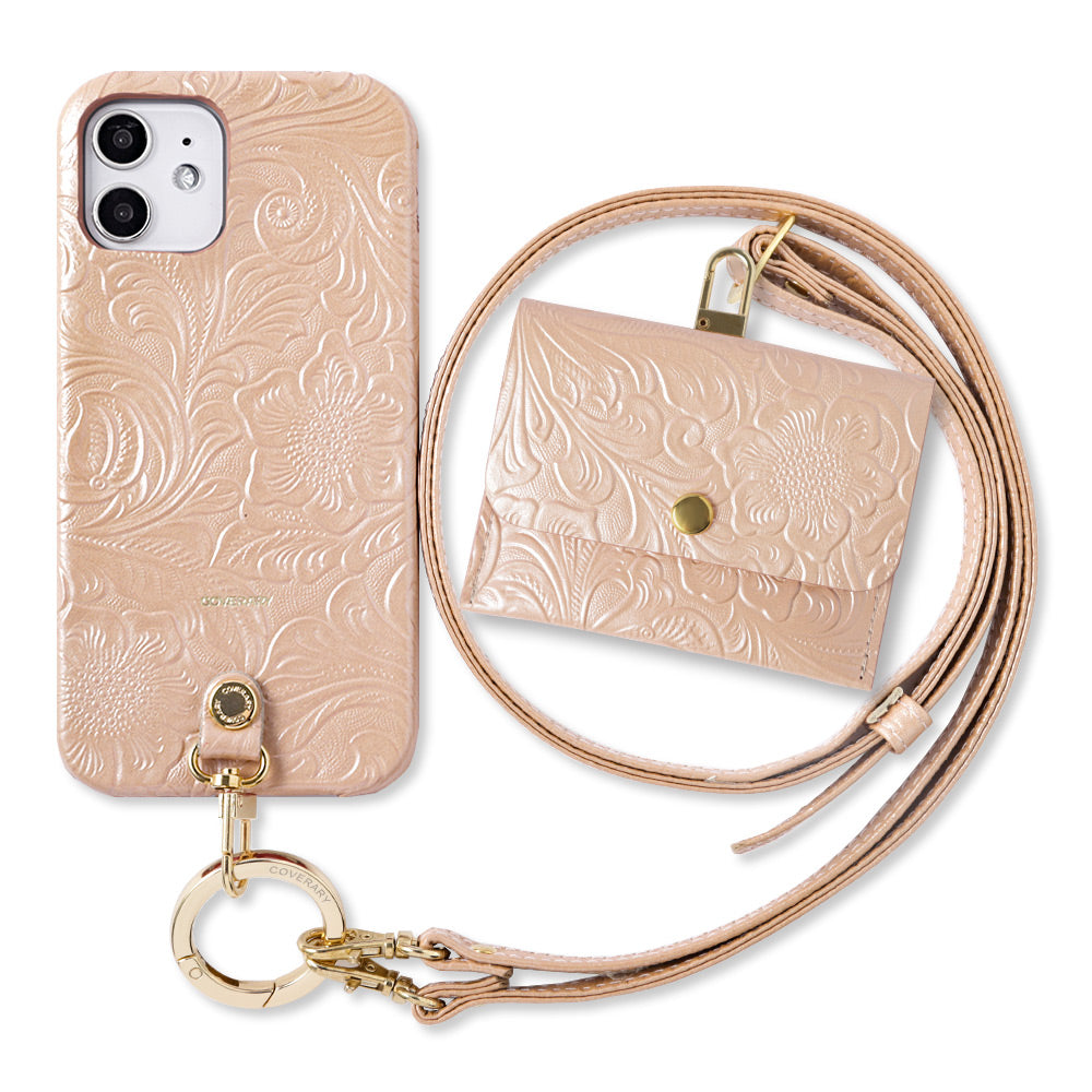 Embossed leather genuine leather 3-piece set A accessory case & ring shoulder strap included back case