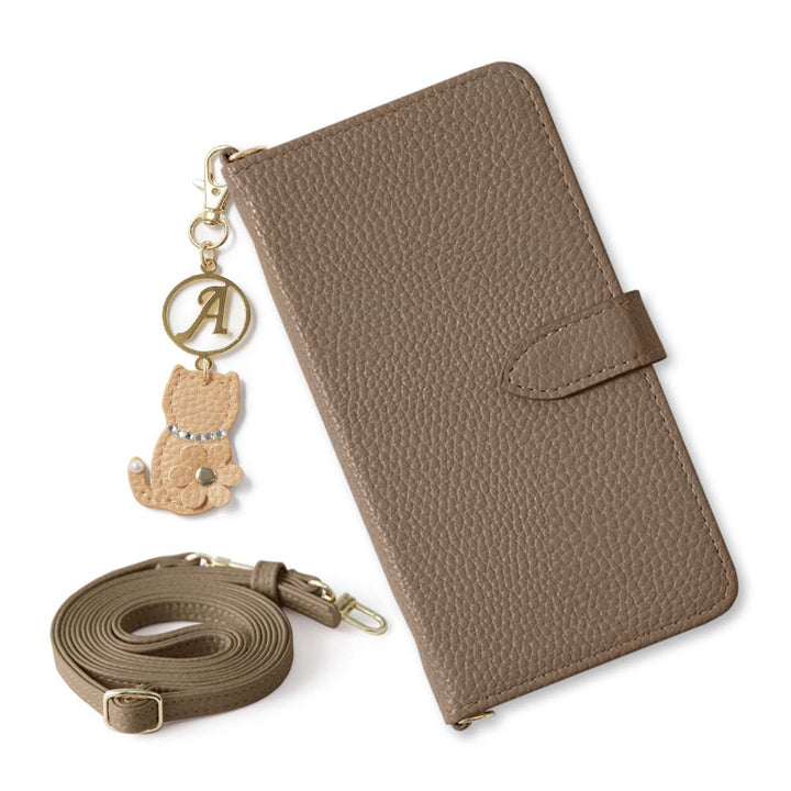 Vegan leather dusty color strap & cat flower initial charm attached notebook-style case (with belt) AQUOS series