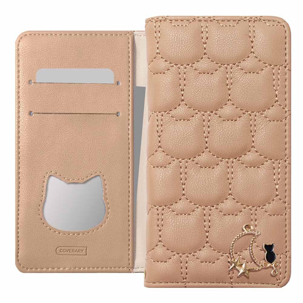 ヴィーガンレザー ネコキルティング ムーンキャットデコ 手帳型ケース Galaxyシリーズ