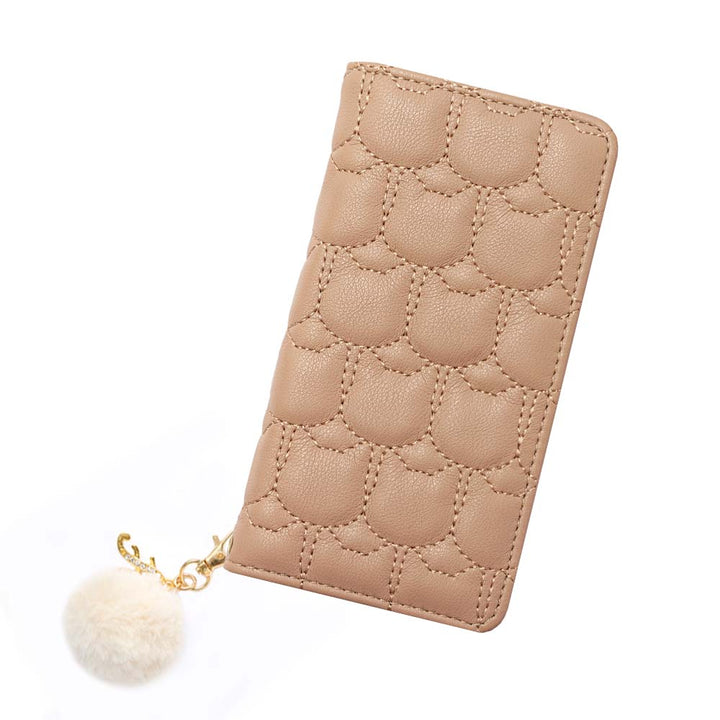 Vegan leather cat quilting initial fur charm attached notebook-style case for iPhone series