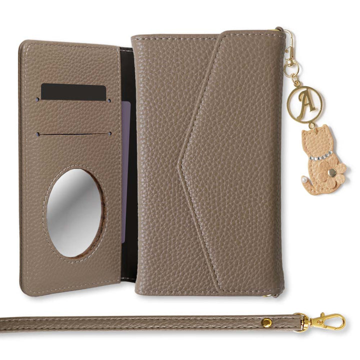 Vegan leather tri-fold dusty color strap & cat flower initial charm attached notebook-style case AQUOS series