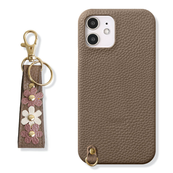 Vegan leather textured flower deco finger strap attached back case for iPhone series