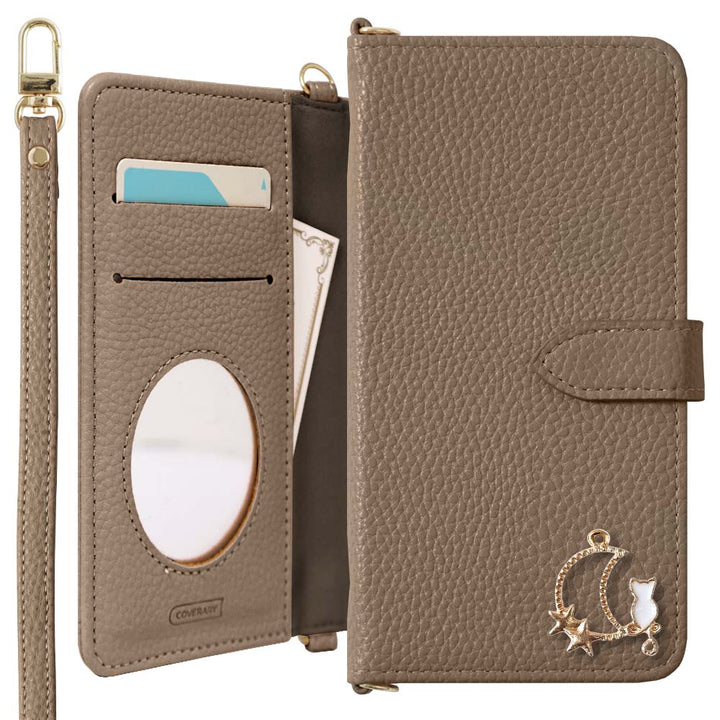 Vegan leather dusty color moon cat deco strap attached notebook-style case (with belt) AQUOS series