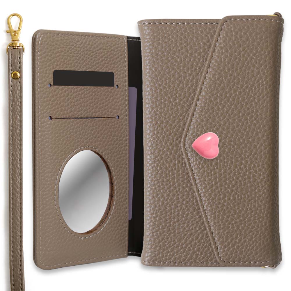 Vegan leather tri-fold dusty color strap & heart deco wallet case for iPhone series