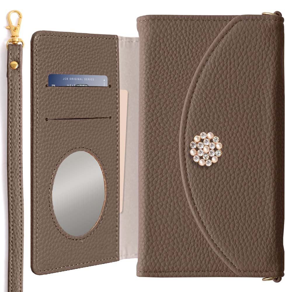 Vegan leather tri-fold smoky color crystal pearl decoration & strap included notebook-style case AQUOS series