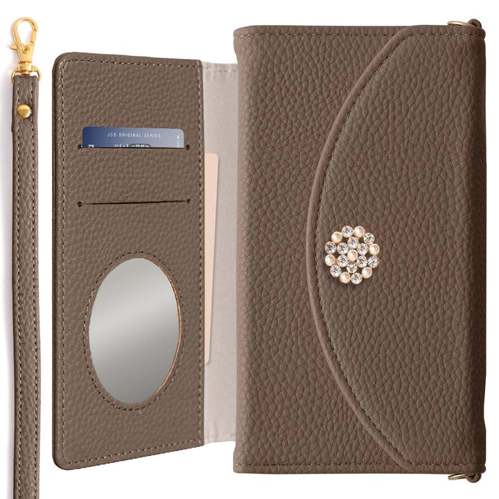 Vegan leather tri-fold smoky color crystal pearl decoration & strap included notebook-style case AQUOS series