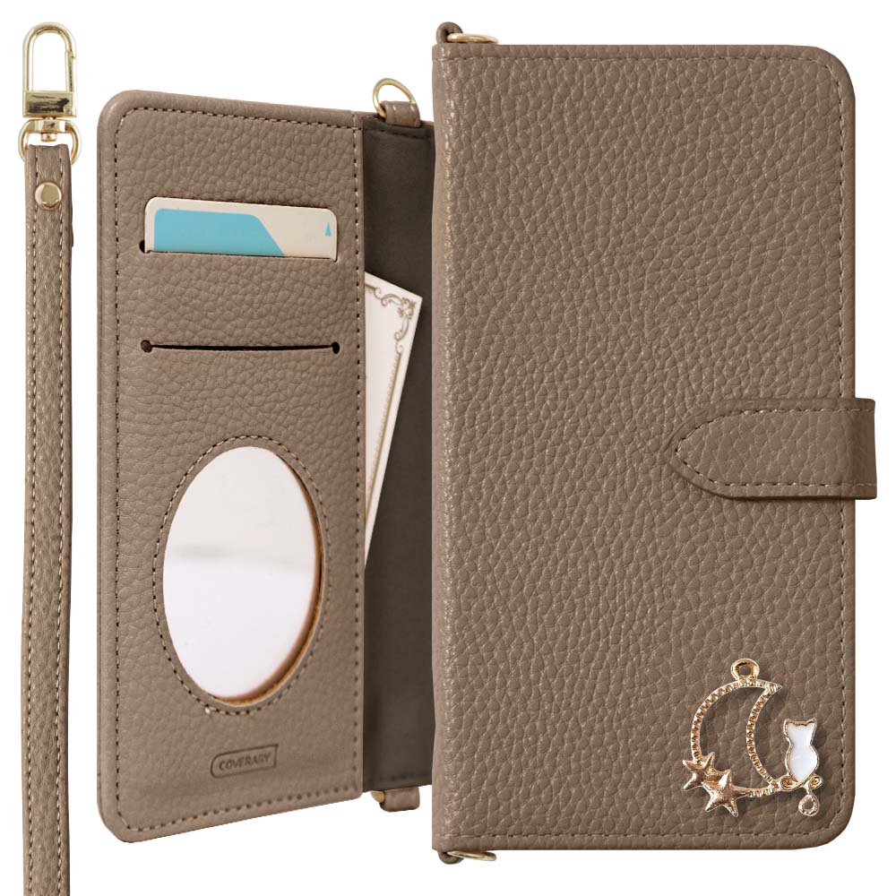 Vegan leather dusty color moon cat deco strap attached notebook-style case (with belt) for iPhone series