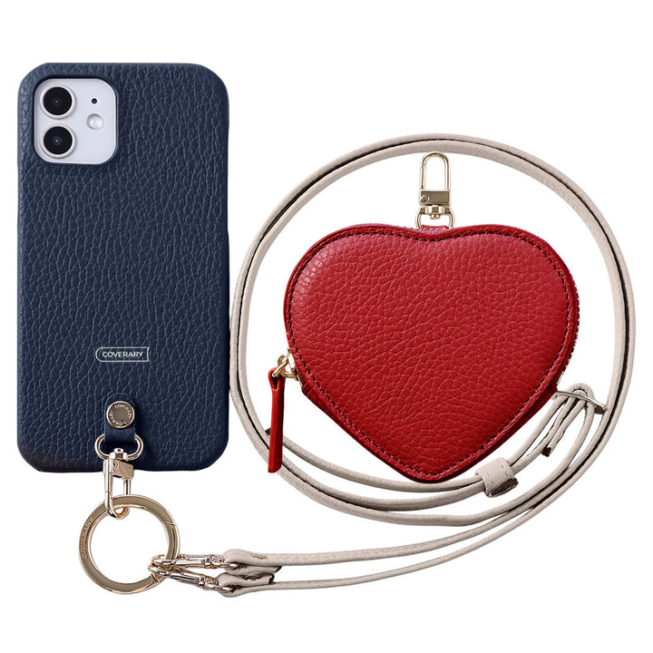 Genuine leather 32 colors Italian shrink leather heart-shaped pouch & shoulder strap included back case