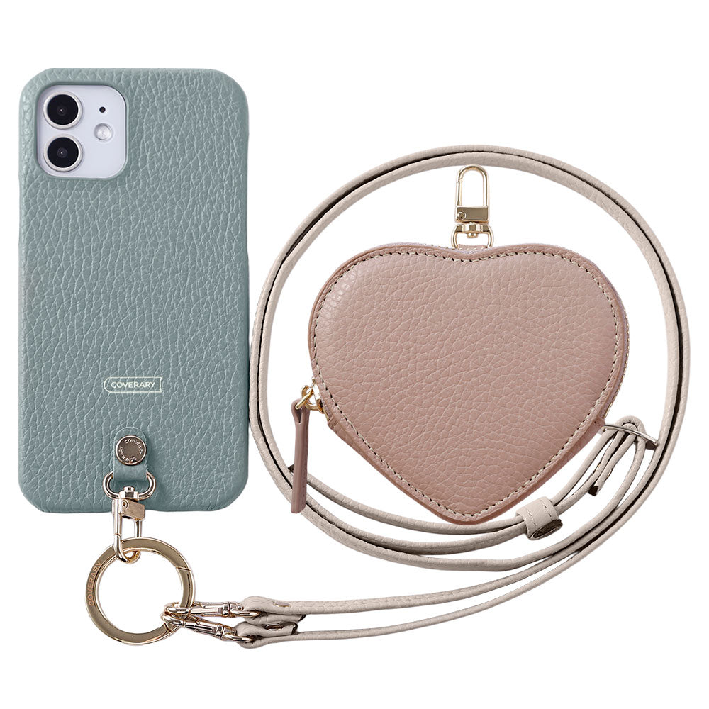 Genuine leather 32 colors Italian shrink leather heart-shaped pouch & shoulder strap included back case