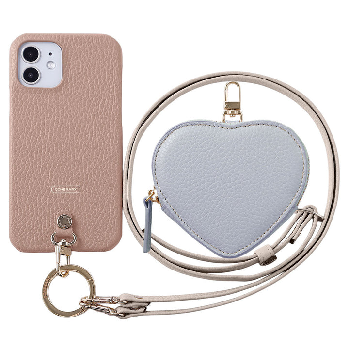 本革 32色 イタリアンシュリンクレザー ハート型ポーチ＆ショルダーストラップ付き 背面ケース iPhoneシリーズ