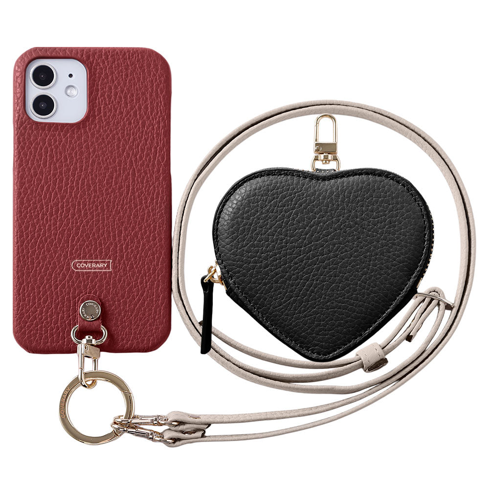 本革 32色 イタリアンシュリンクレザー ハート型ポーチ＆ショルダーストラップ付き 背面ケース iPhoneシリーズ