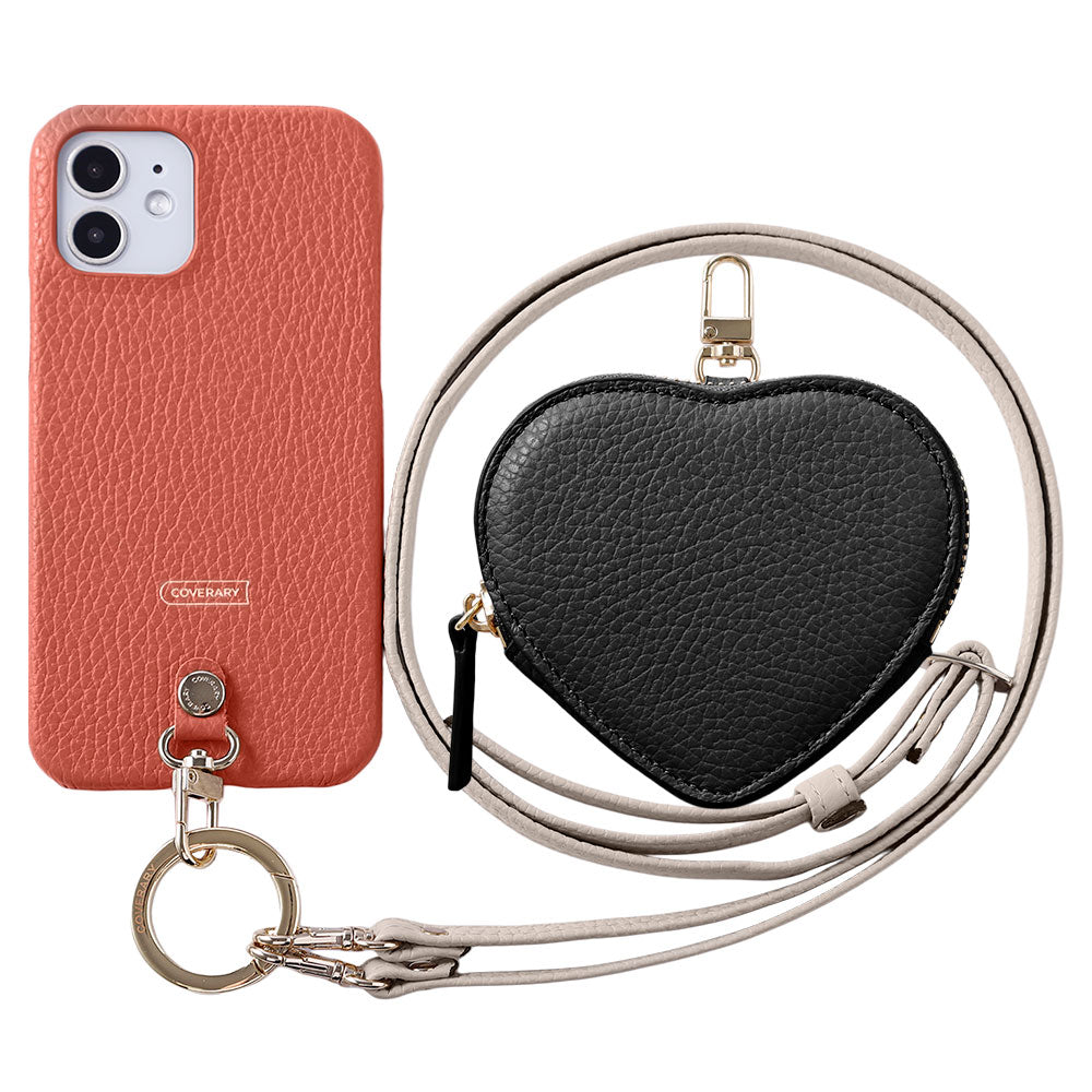 本革 32色 イタリアンシュリンクレザー ハート型ポーチ＆ショルダーストラップ付き 背面ケース iPhoneシリーズ