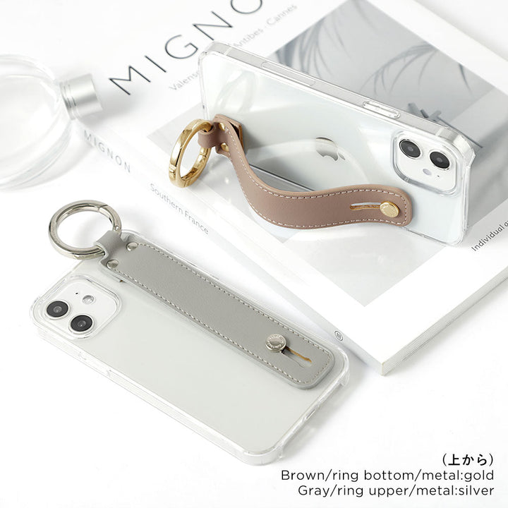Clear case vegan leather muted pastel with hand belt back case for iPhone series