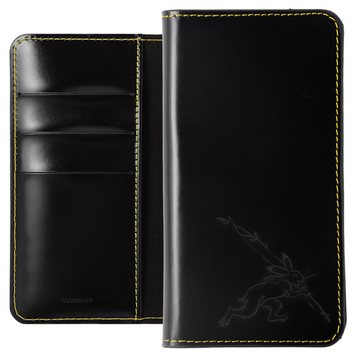 本革 カーフレザー レーザー加工 線画 鳥獣戯画 カード収納付き 手帳型ケース