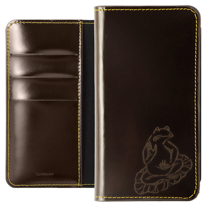 Genuine leather calf leather laser-processed line drawing Chōjū-giga with card storage notebook-style case AQUOS series