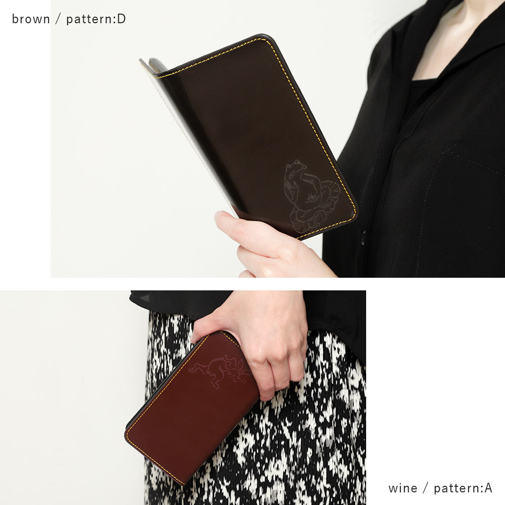 Genuine leather calf leather laser-processed line drawing Chōjū-giga with card storage notebook-style case AQUOS series
